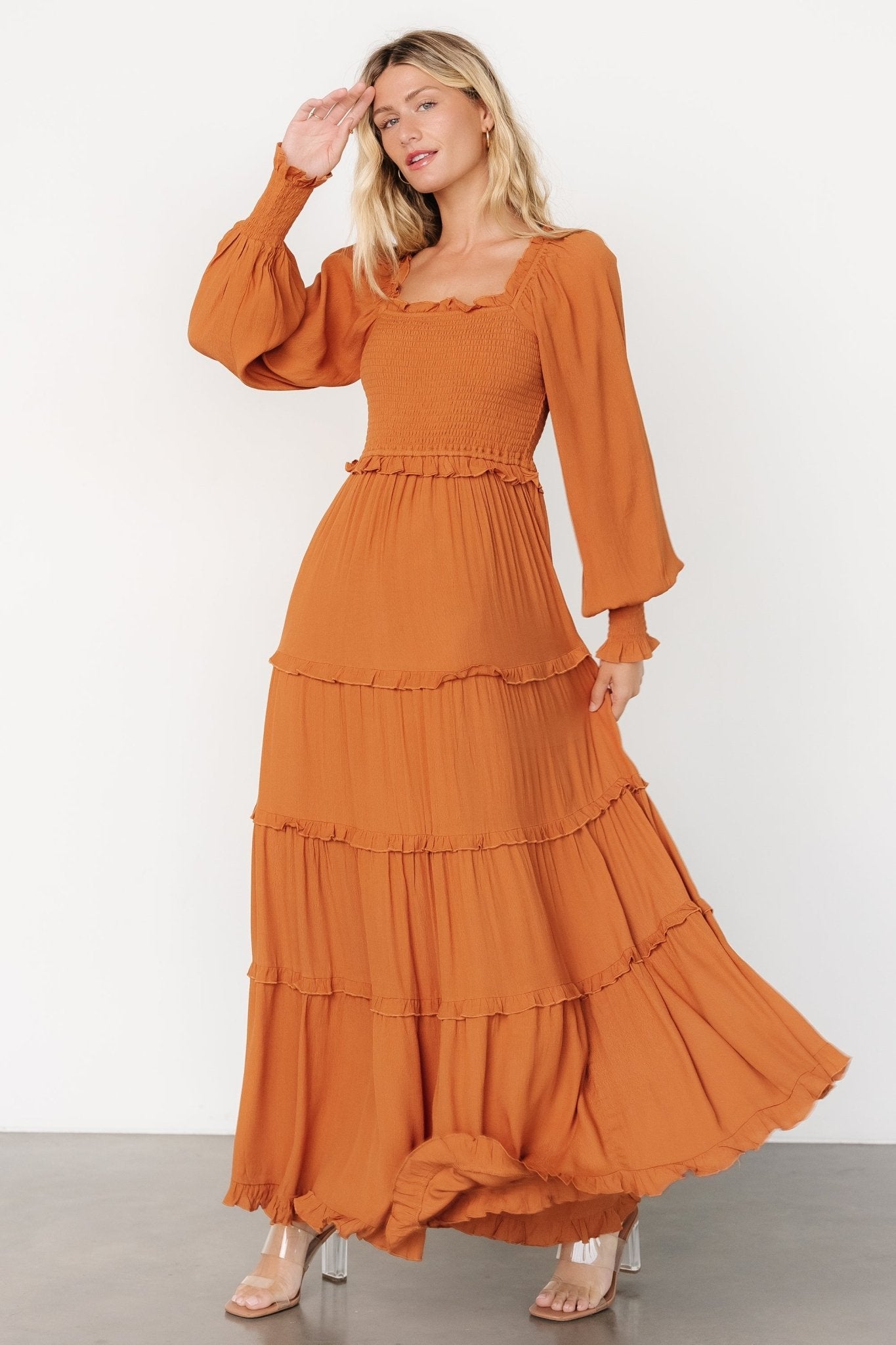 Baltic Born Womens Lana Smocked Maxi Dress | Camel