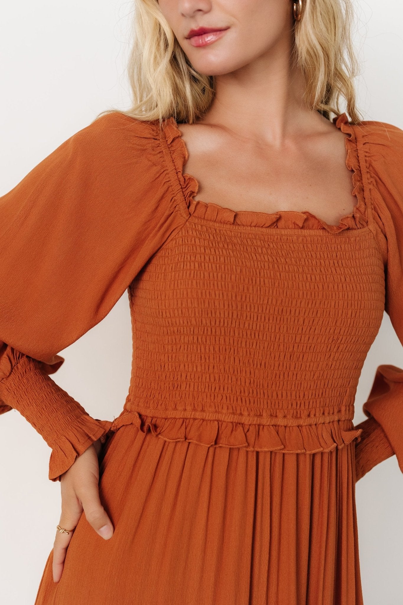 Baltic Born Womens Lana Smocked Maxi Dress | Camel | Size: Small Baltic Born Womens Lana Smocked Maxi Dress | Camel | Size: Small