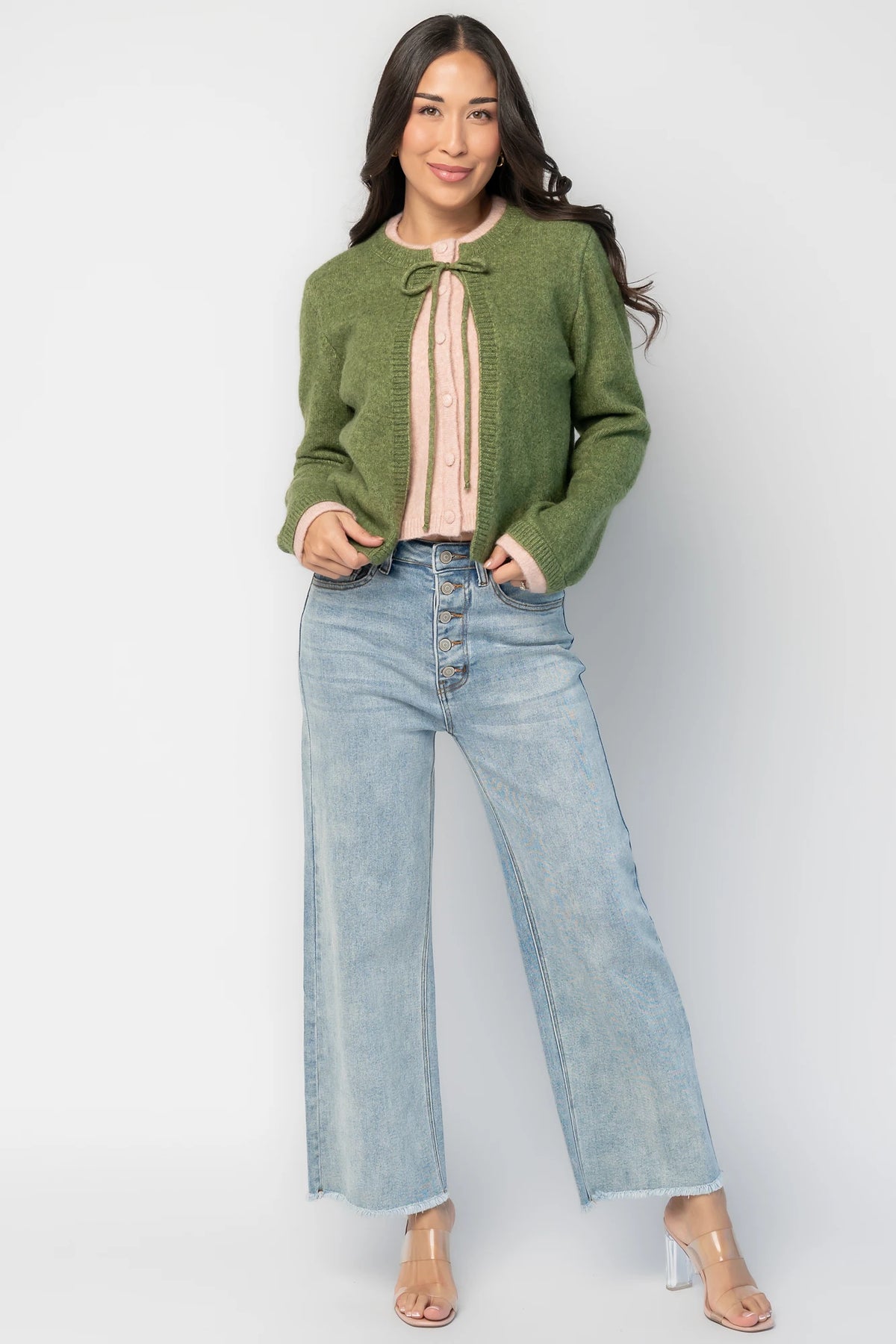Landry Cardigan in Blush + Green with layered pink button-front panel, green front ties, crew neckline, and long sleeves.