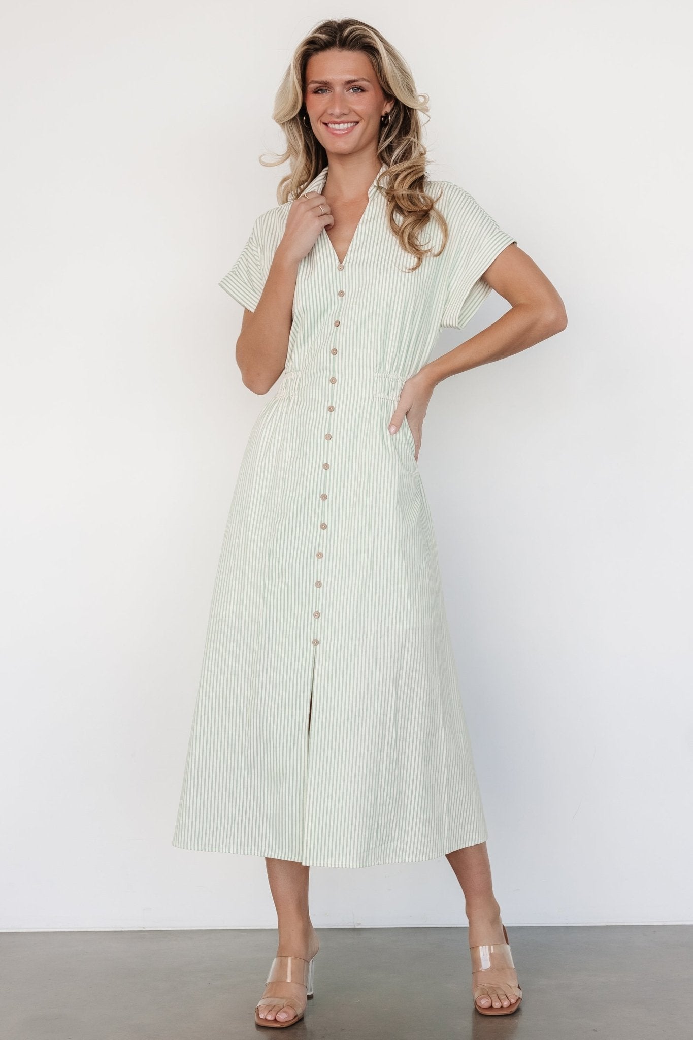 Larah Button Dress | Sage Stripe - Baltic Born