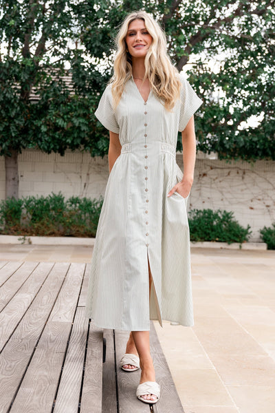 Baltic Born Womens Larah Button Dress | Sage Stripe