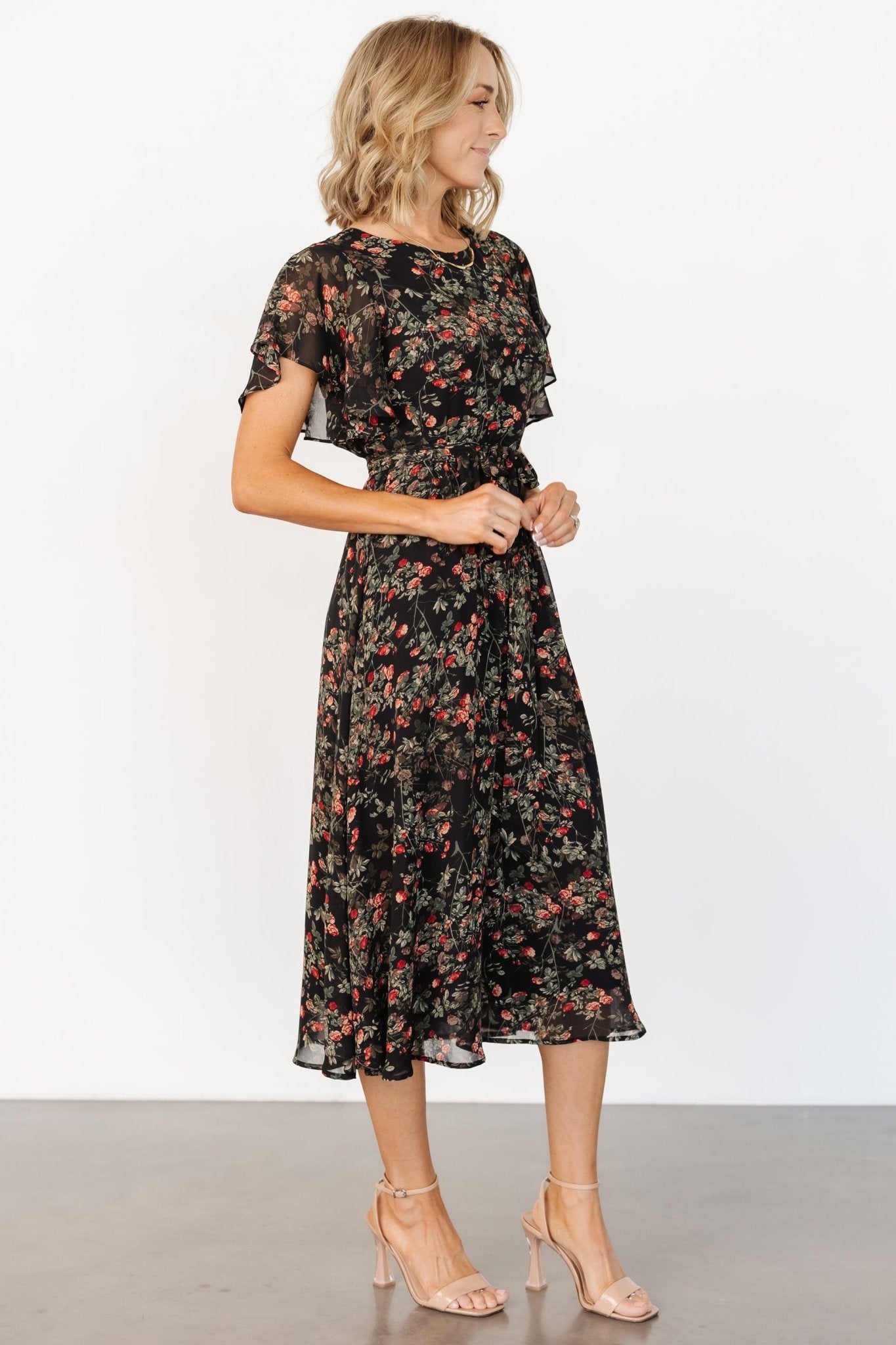 Laurel Midi Dress | Black + Red Floral - Baltic Born