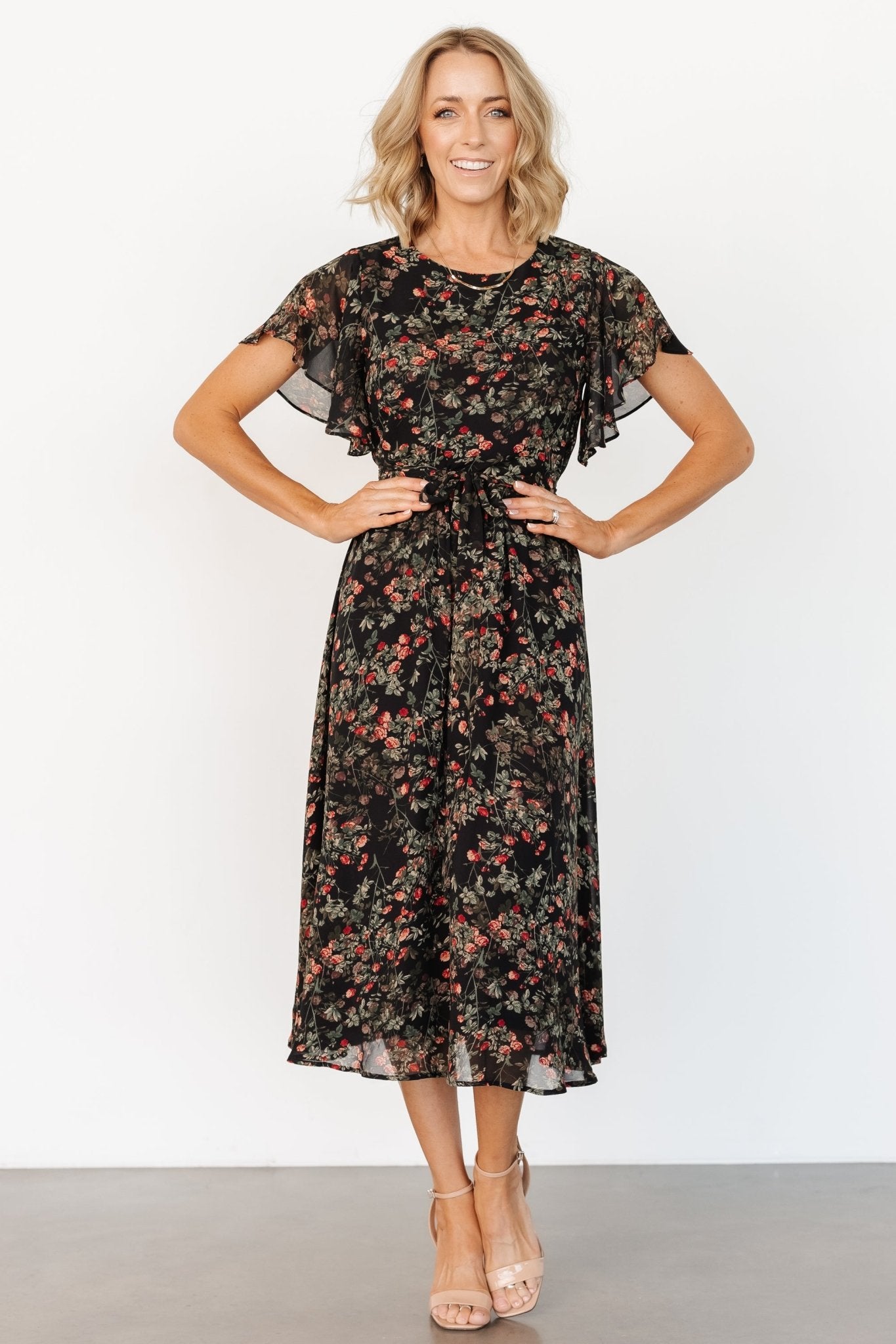 Laurel Midi Dress | Black + Red Floral - Baltic Born