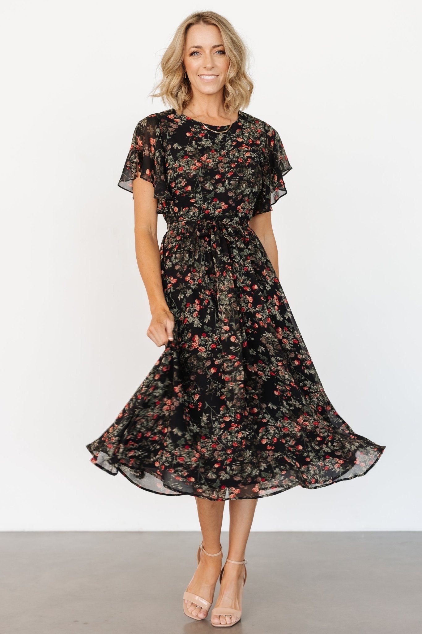 Laurel Midi Dress | Black + Red Floral - Baltic Born