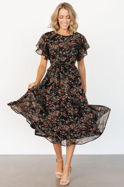 Laurel Midi Dress | Black + Red Floral - Baltic Born