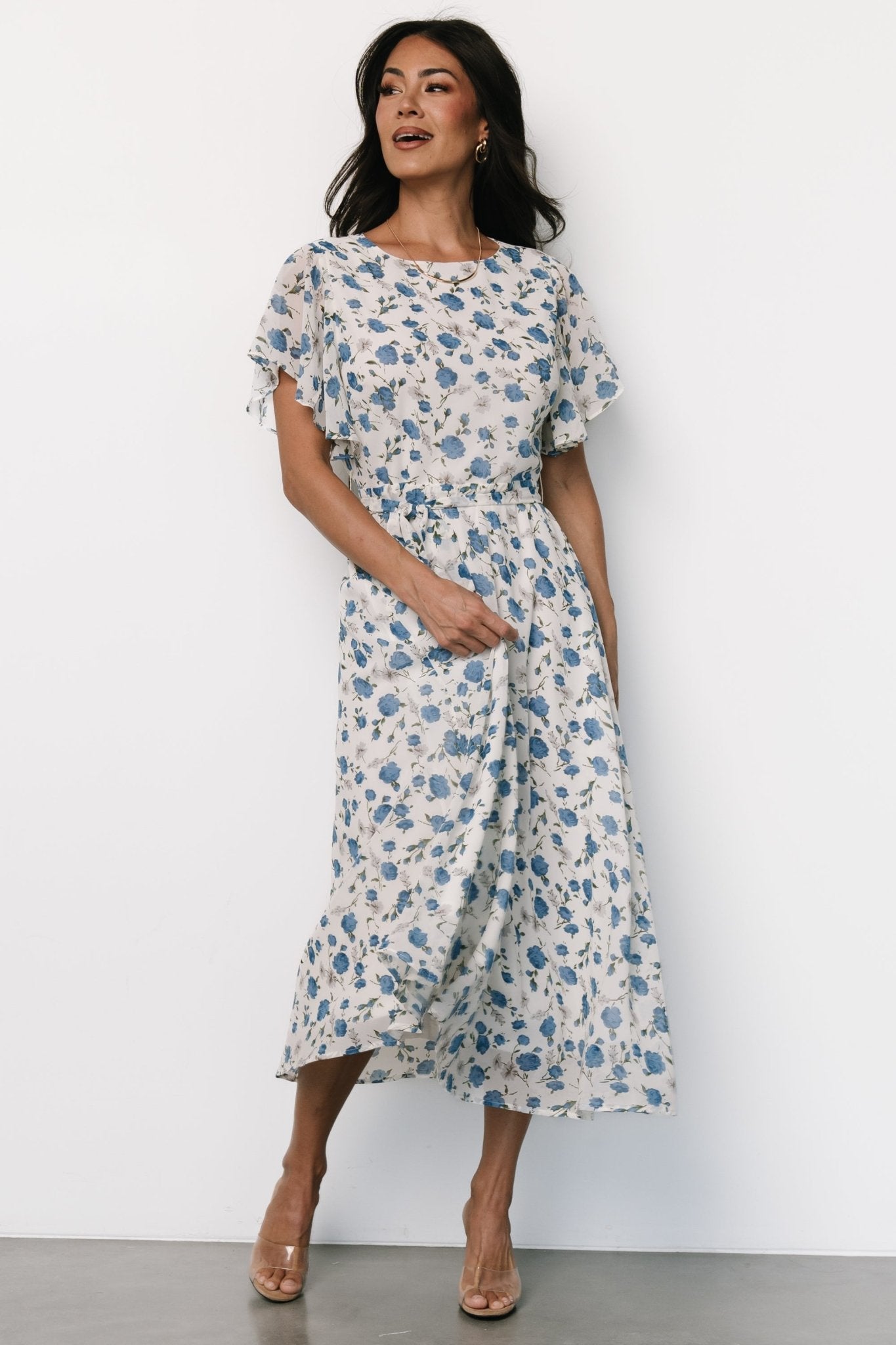 Laurel Midi Dress | Off - White + Blue Floral - Baltic Born