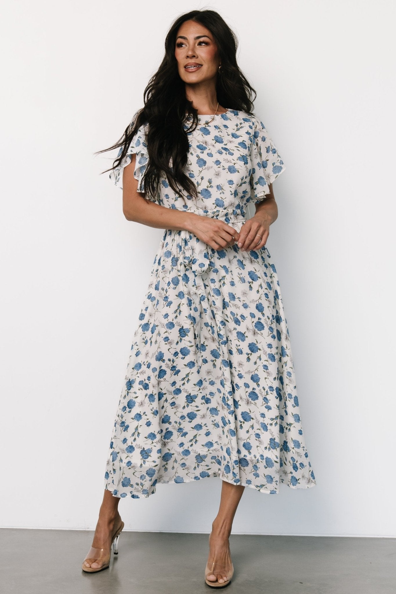 Laurel Midi Dress | Off - White + Blue Floral - Baltic Born