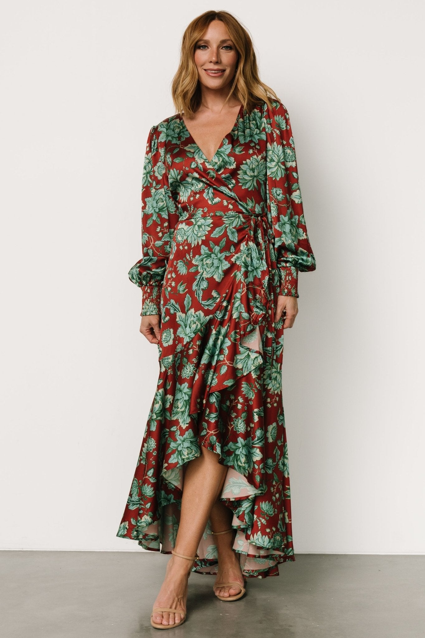 Baltic Born Womens Lavinia Ruffle Maxi Dress | Rust + Green Floral | Size: Small Baltic Born Womens Lavinia Ruffle Maxi Dress | Rust + Green Floral | Size: Small
