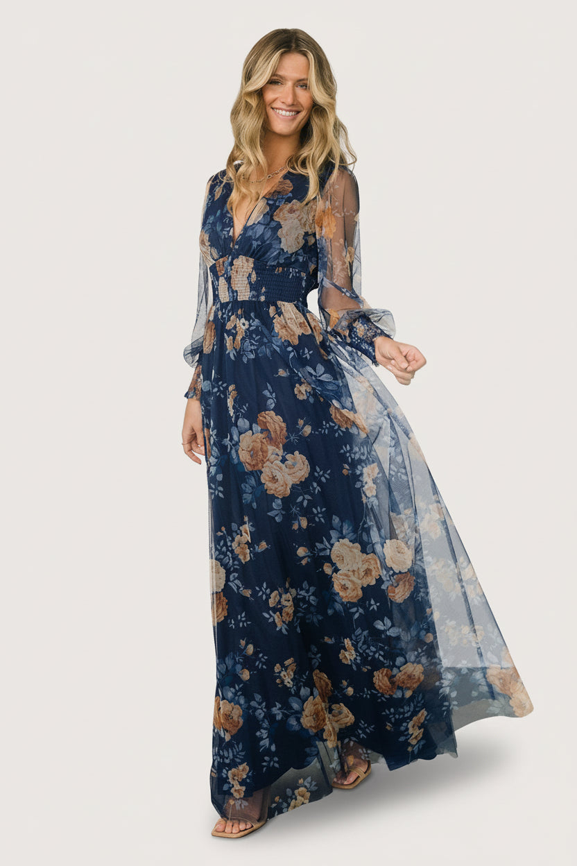 Baltic Born Womens Layla Tulle Maxi Dress | Blue + Golden Floral