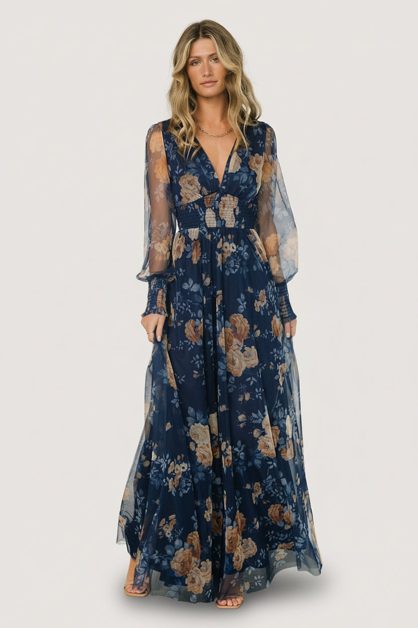 Baltic Born Womens Layla Tulle Maxi Dress | Blue + Golden Floral
