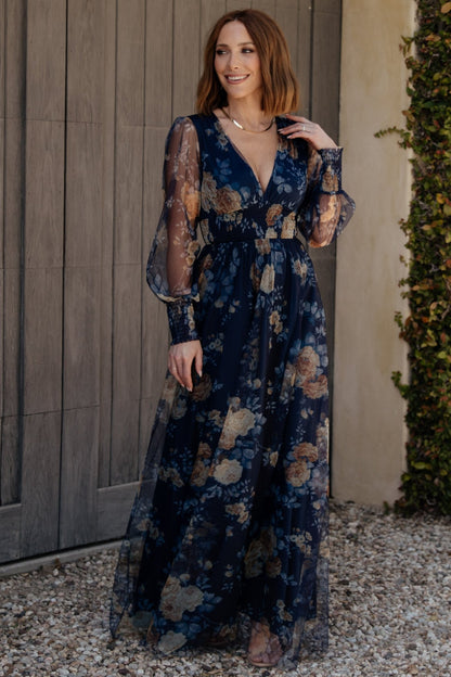 Layla Tulle Maxi Dress | Blue + Golden Floral - Baltic Born