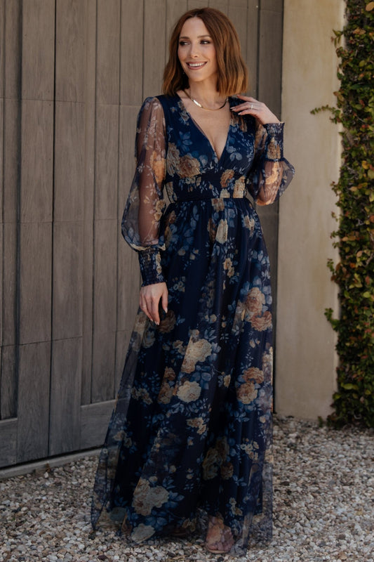 Layla Tulle Maxi Dress | Blue + Golden Floral - Baltic Born