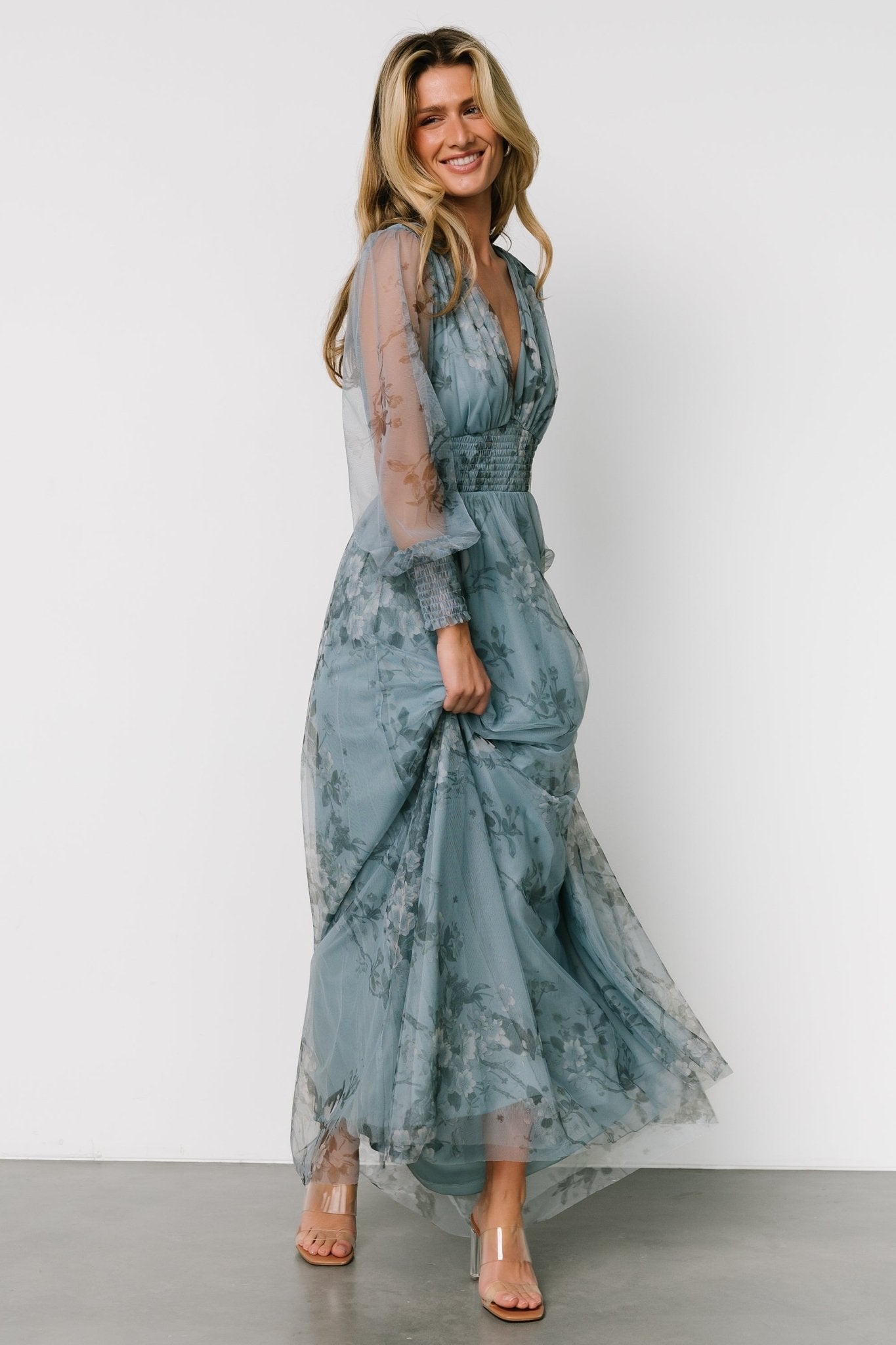 Layla Tulle Maxi Dress | Dusty Blue Floral | Baltic Born