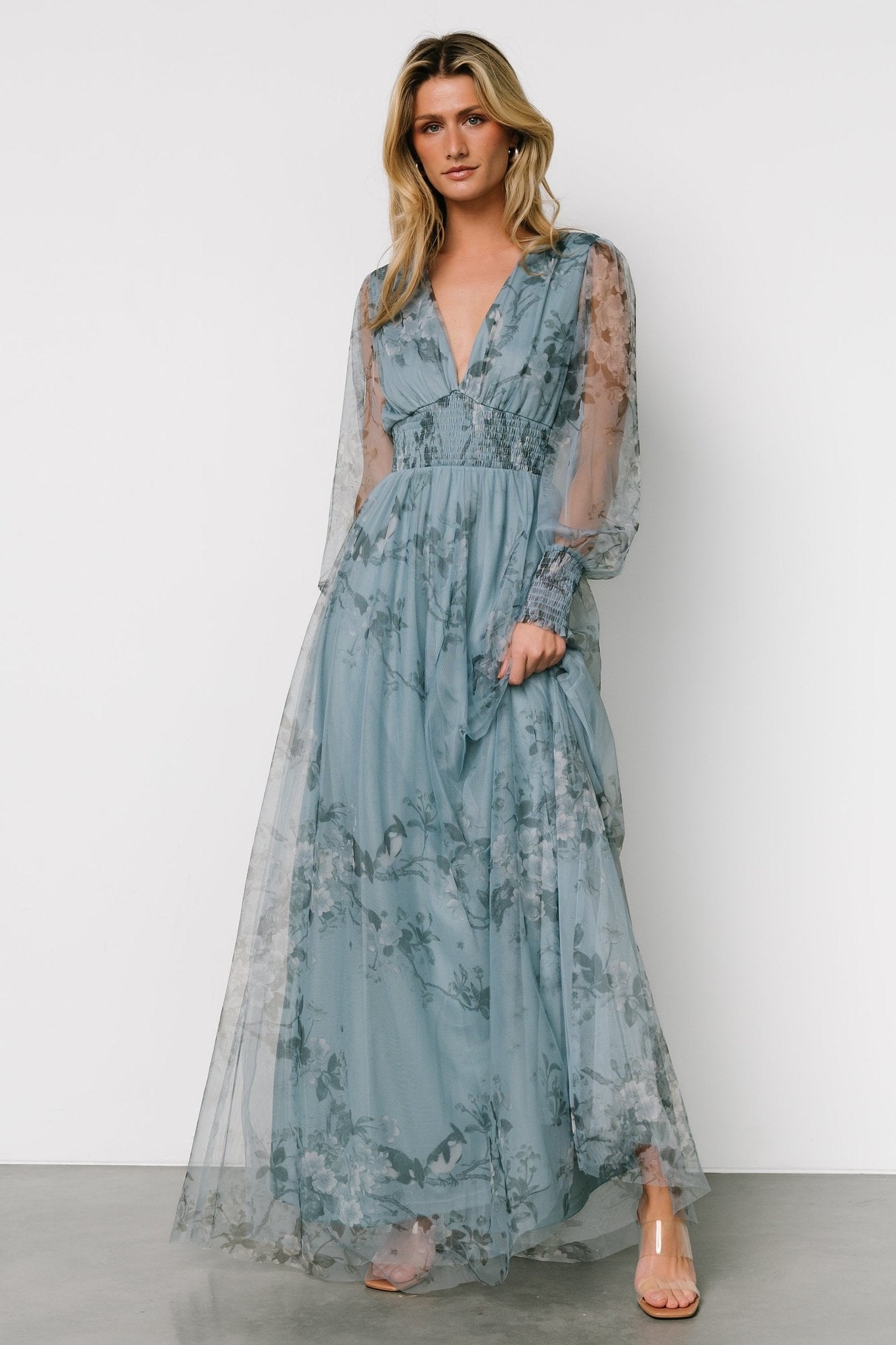 Layla Tulle Maxi Dress | Dusty Blue Floral - Baltic Born