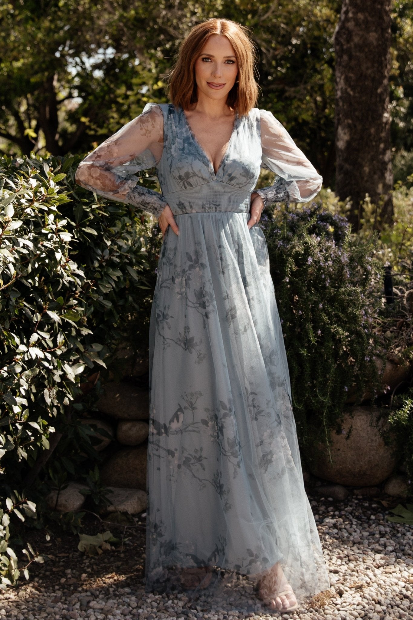 Layla Tulle Maxi Dress Dusty Blue Floral - Main Image