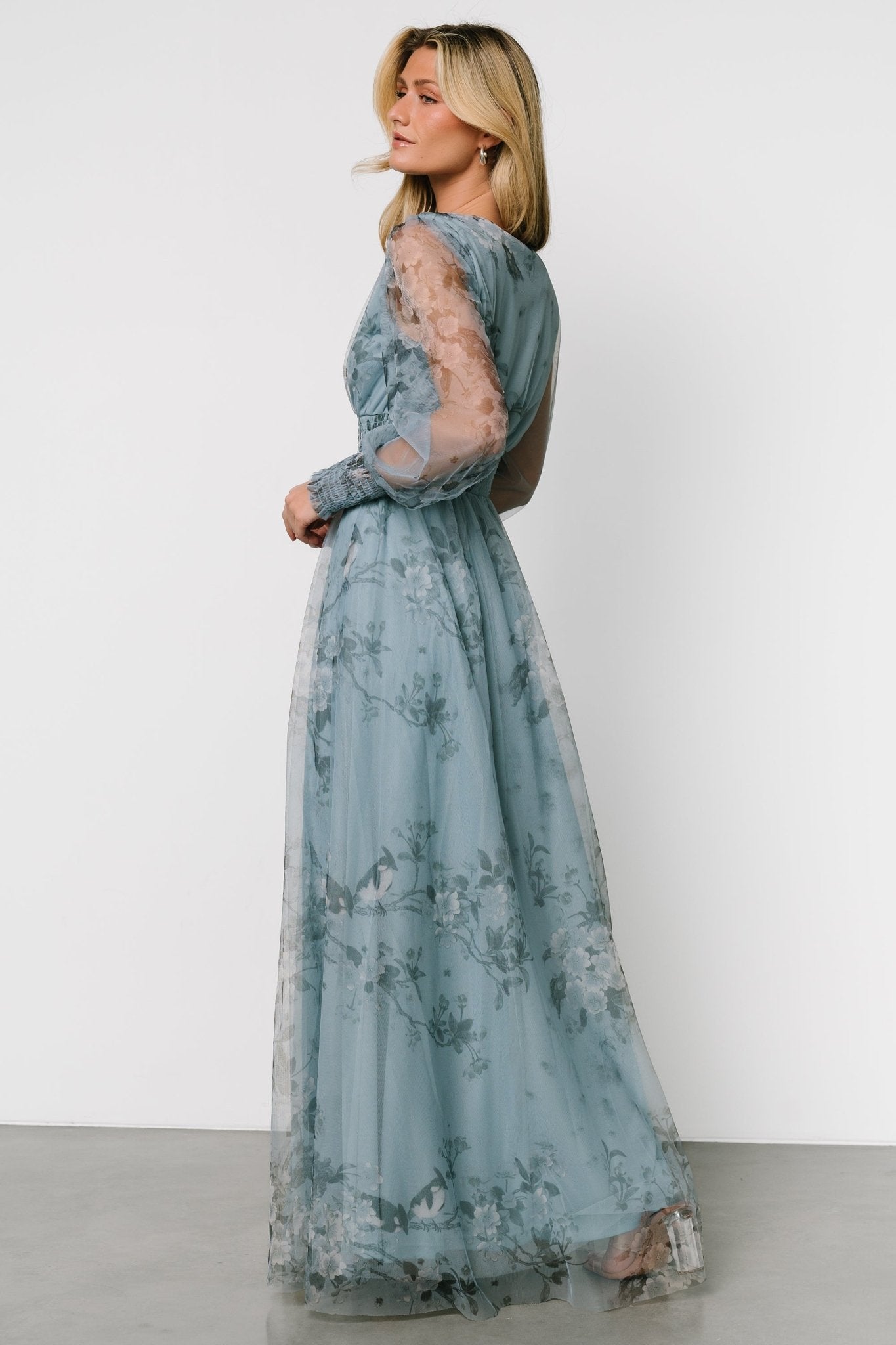 Layla Tulle Maxi Dress | Dusty Blue Floral - Baltic Born