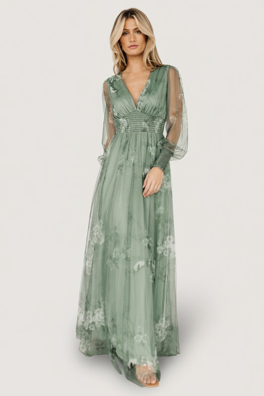 Layla Tulle Maxi Dress | Dusty Green Floral