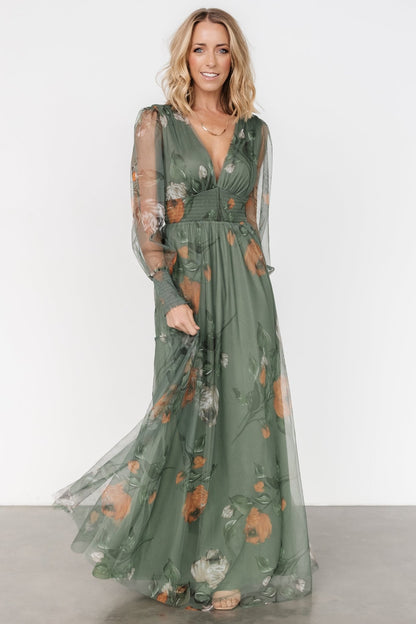 Layla Tulle Maxi Dress | Dusty Olive Floral - Baltic Born