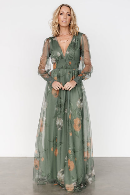 Layla Tulle Maxi Dress | Dusty Olive Floral - Baltic Born