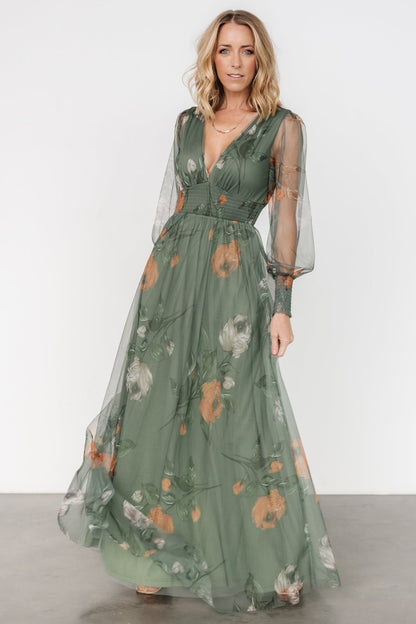 Layla Tulle Maxi Dress | Dusty Olive Floral - Baltic Born