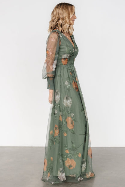 Layla Tulle Maxi Dress | Dusty Olive Floral - Baltic Born