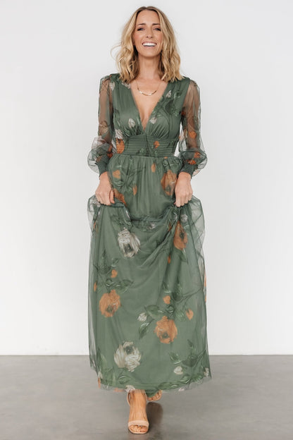 Layla Tulle Maxi Dress | Dusty Olive Floral - Baltic Born