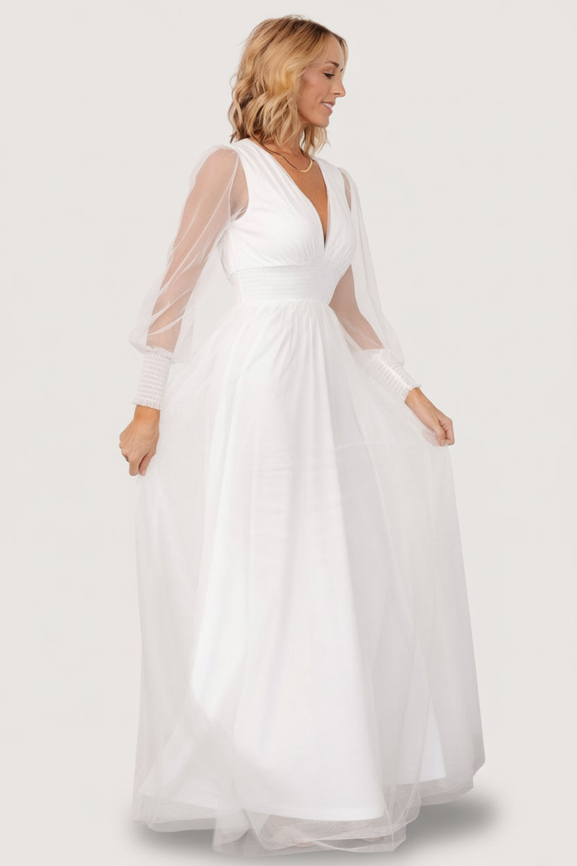 long white layered dress Velvi - Georgia Maxi - - Ruffle Tulle Dress With Sheer Detail 38 inches Orlaith White Layered Bustier Maxi