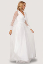 Studio shot of Layla Tulle Maxi Dress in white on a model, highlighting silhouette, V-neckline, and the lightweight layered tulle skirt.