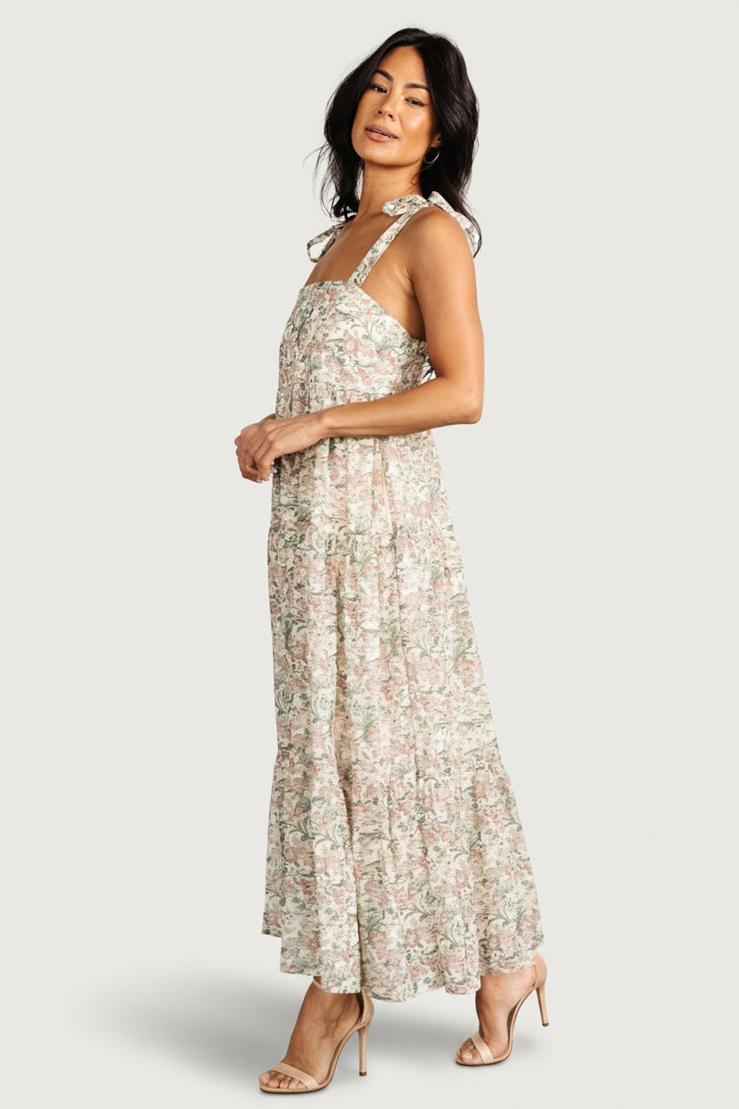 Lelisa Shoulder Tie Maxi Dress Cream Floral | Baltic Born L Lelisa Shoulder Tie Maxi Dress Cream Floral | Baltic Born L