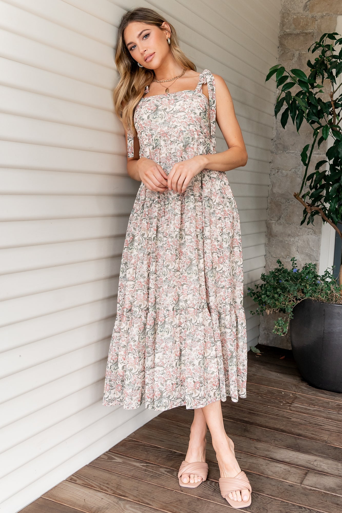 Lelisa Shoulder Tie Maxi Dress — Cream Floral