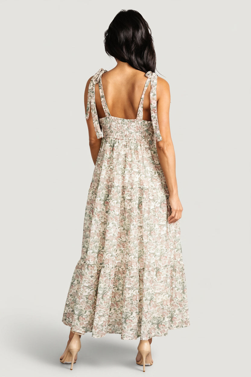 Lelisa Shoulder Tie Maxi Dress — Cream Floral