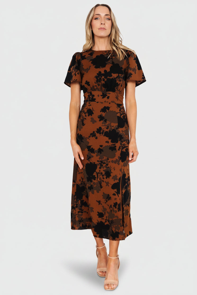 Baltic Born Womens Lenni Midi Dress | Espresso Print
