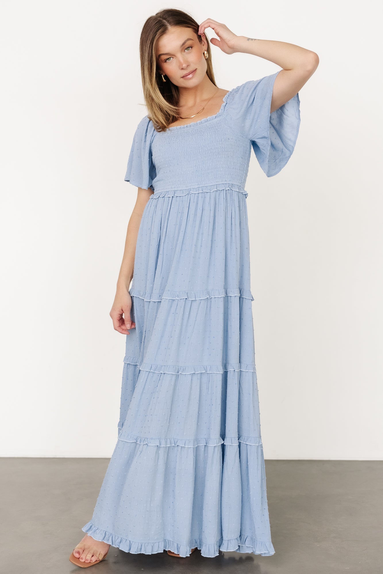 Baltic Born Womens Lenora Smocked Dotted Maxi Dress | Dusty Blue