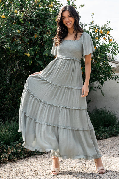 Lenora Smocked Dotted Maxi Dress — Sage