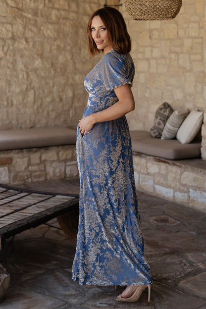 Leslie Velvet Maxi Dress | Blue + Silver - Baltic Born