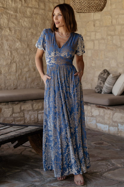 Leslie Velvet Maxi Dress | Blue + Silver - Baltic Born