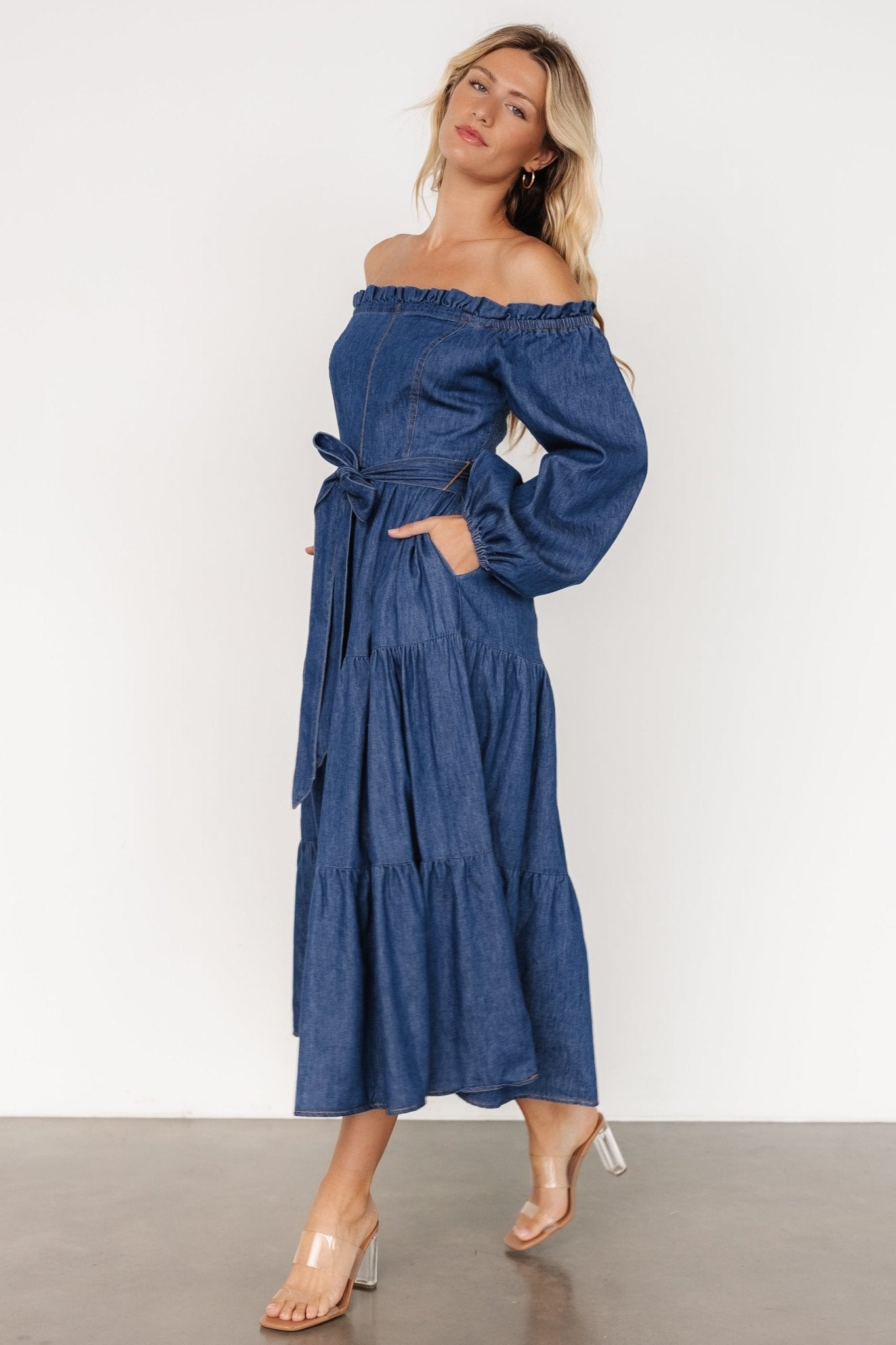 Lewiston Off Shoulder Dress | Denim Blue - Baltic Born