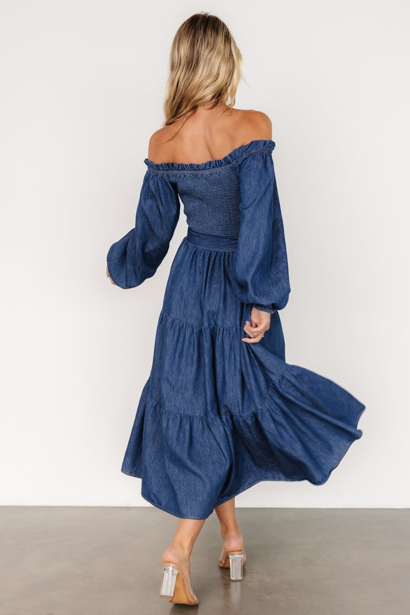 Off the shoulder blue jean dress sales