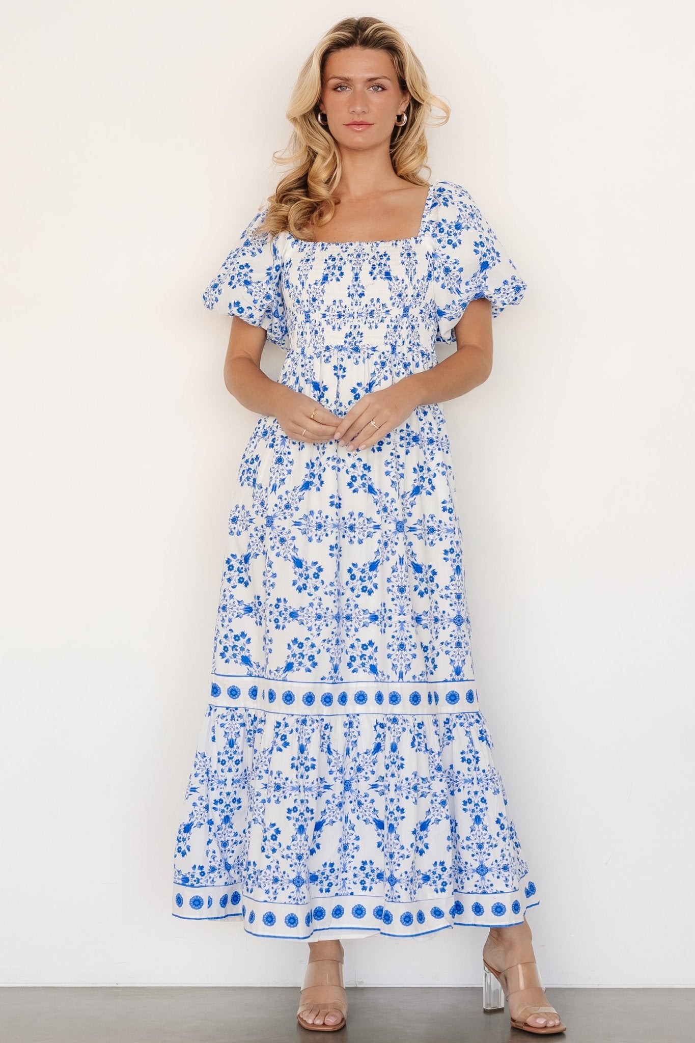 Lexa Smocked Maxi Dress | Off White + Blue Floral - Baltic Born