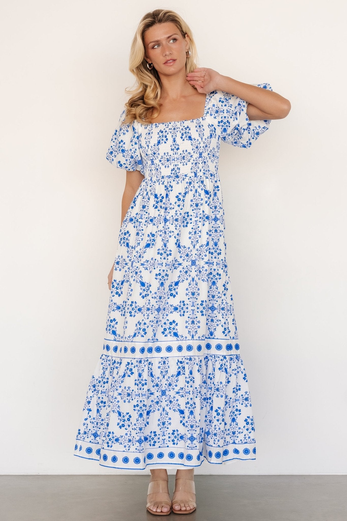 Lexa Smocked Maxi Dress | Off White + Blue Floral - Baltic Born