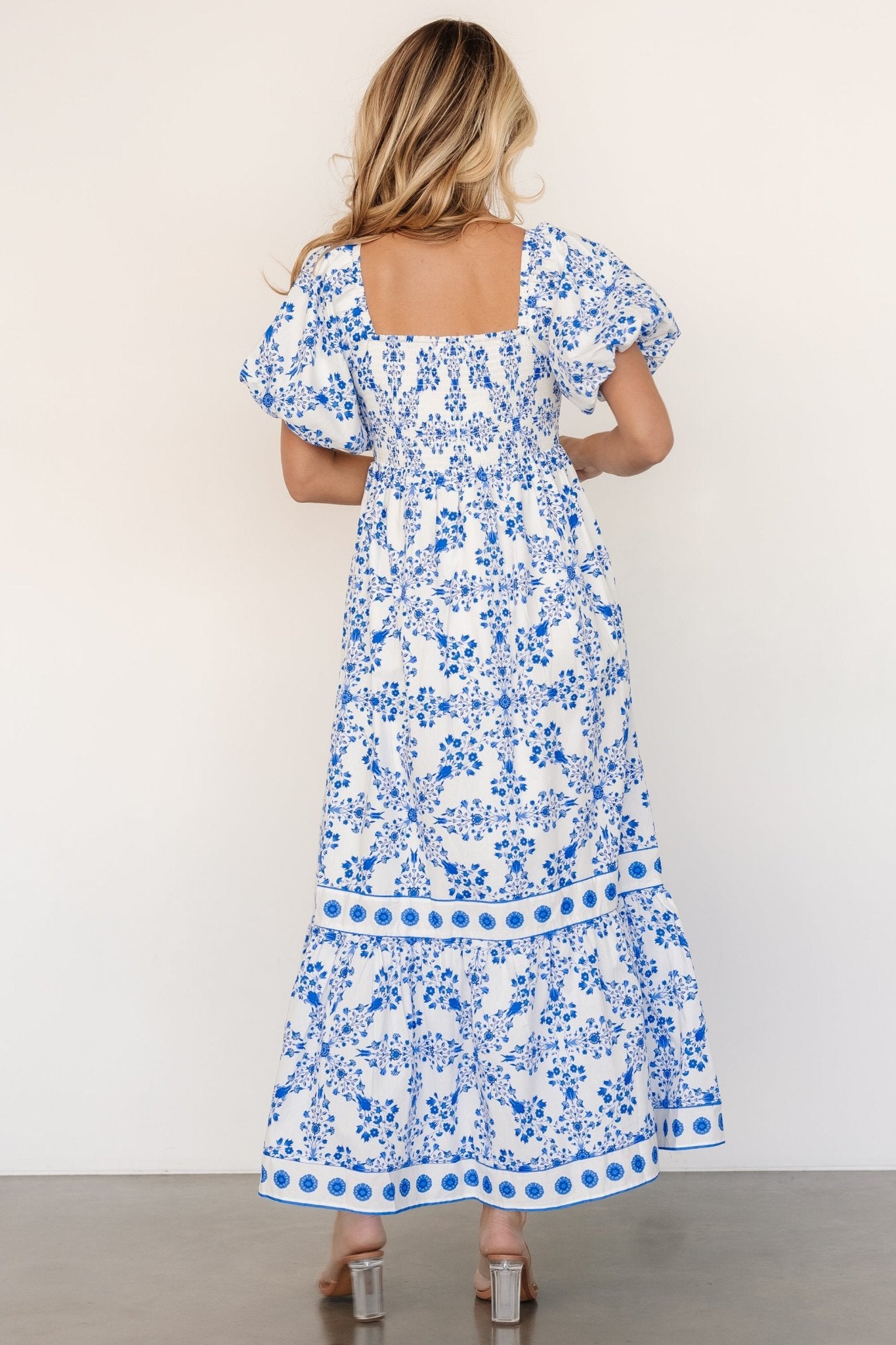 Lexa Smocked Maxi Dress | Off White + Blue Floral - Baltic Born