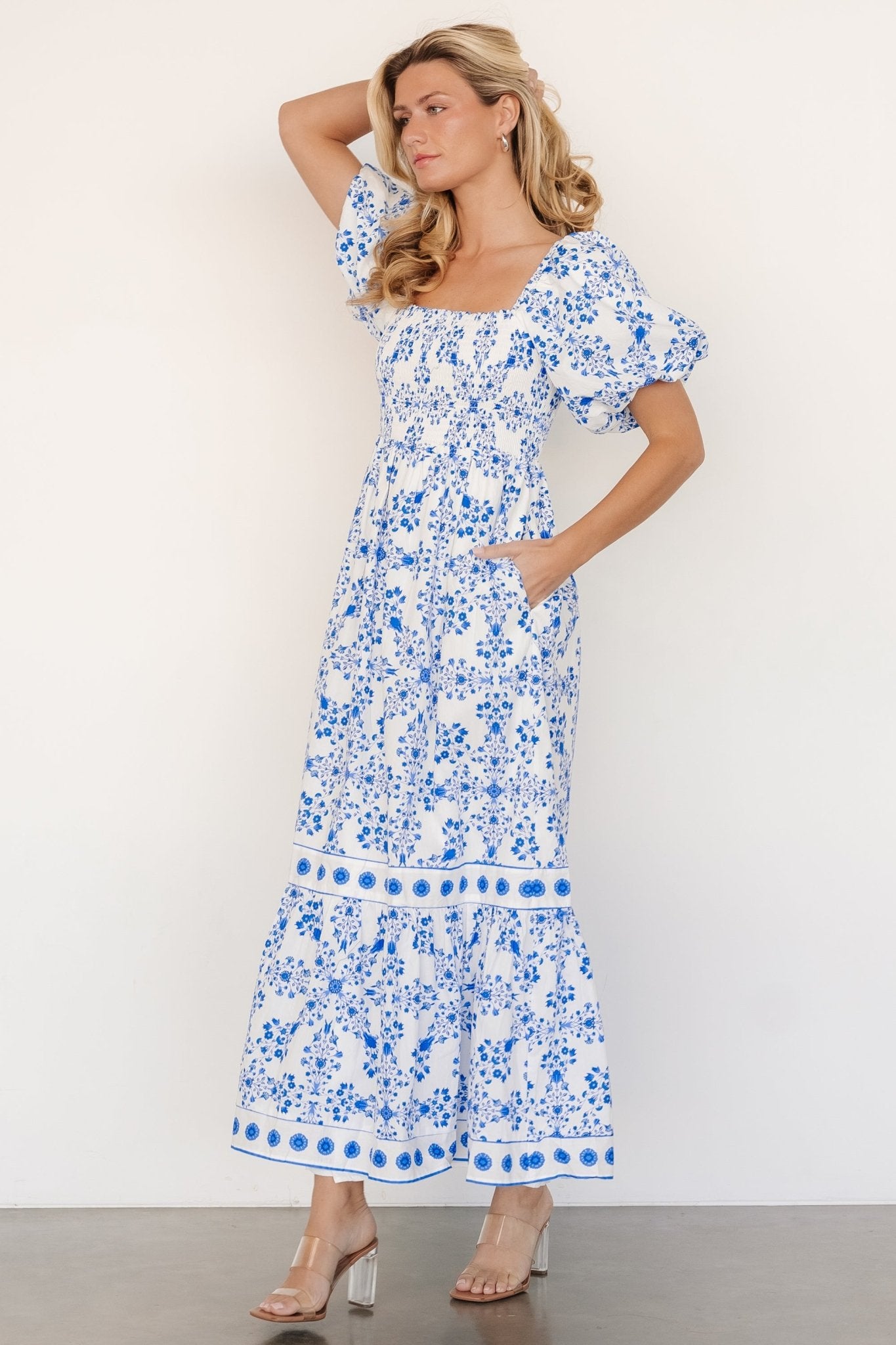 Baltic Born Womens Lexa Smocked Maxi Dress | Off White + Blue Floral | Size: XS Baltic Born Womens Lexa Smocked Maxi Dress | Off White + Blue Floral | Size: XS
