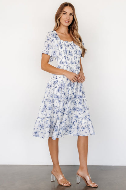 Lilla Tiered Midi Dress | Off - White + Blue Floral - Baltic Born