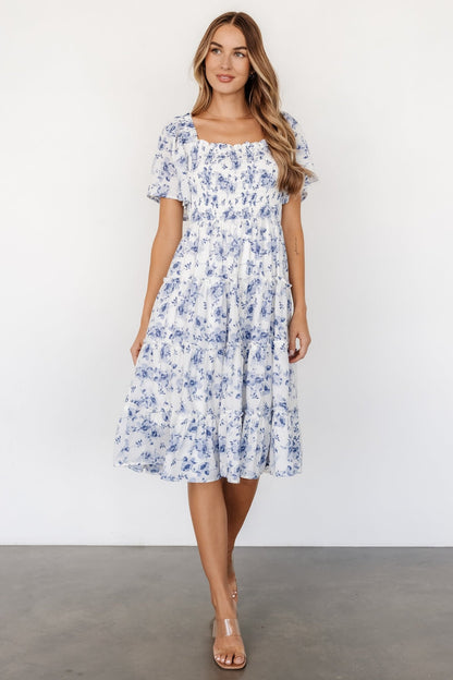 Lilla Tiered Midi Dress | Off - White + Blue Floral - Baltic Born