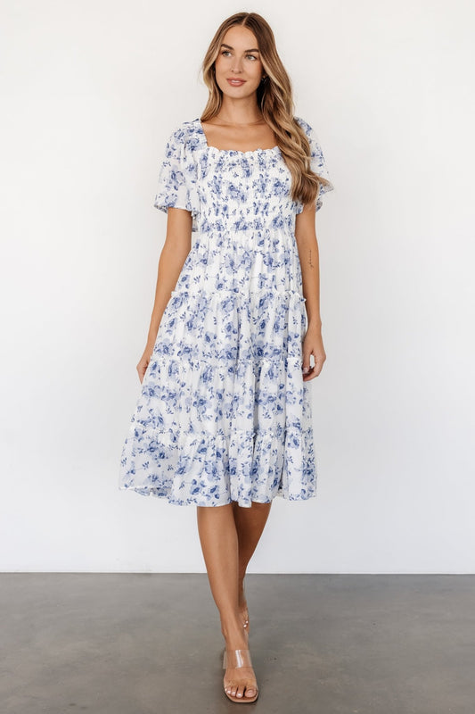 Lilla Tiered Midi Dress | Off - White + Blue Floral - Baltic Born