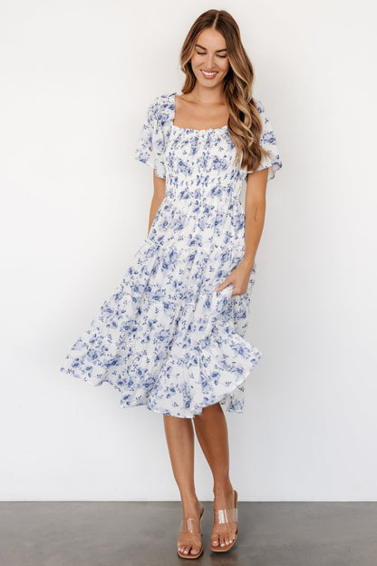 Lilla Tiered Midi Dress | Off - White + Blue Floral - Baltic Born