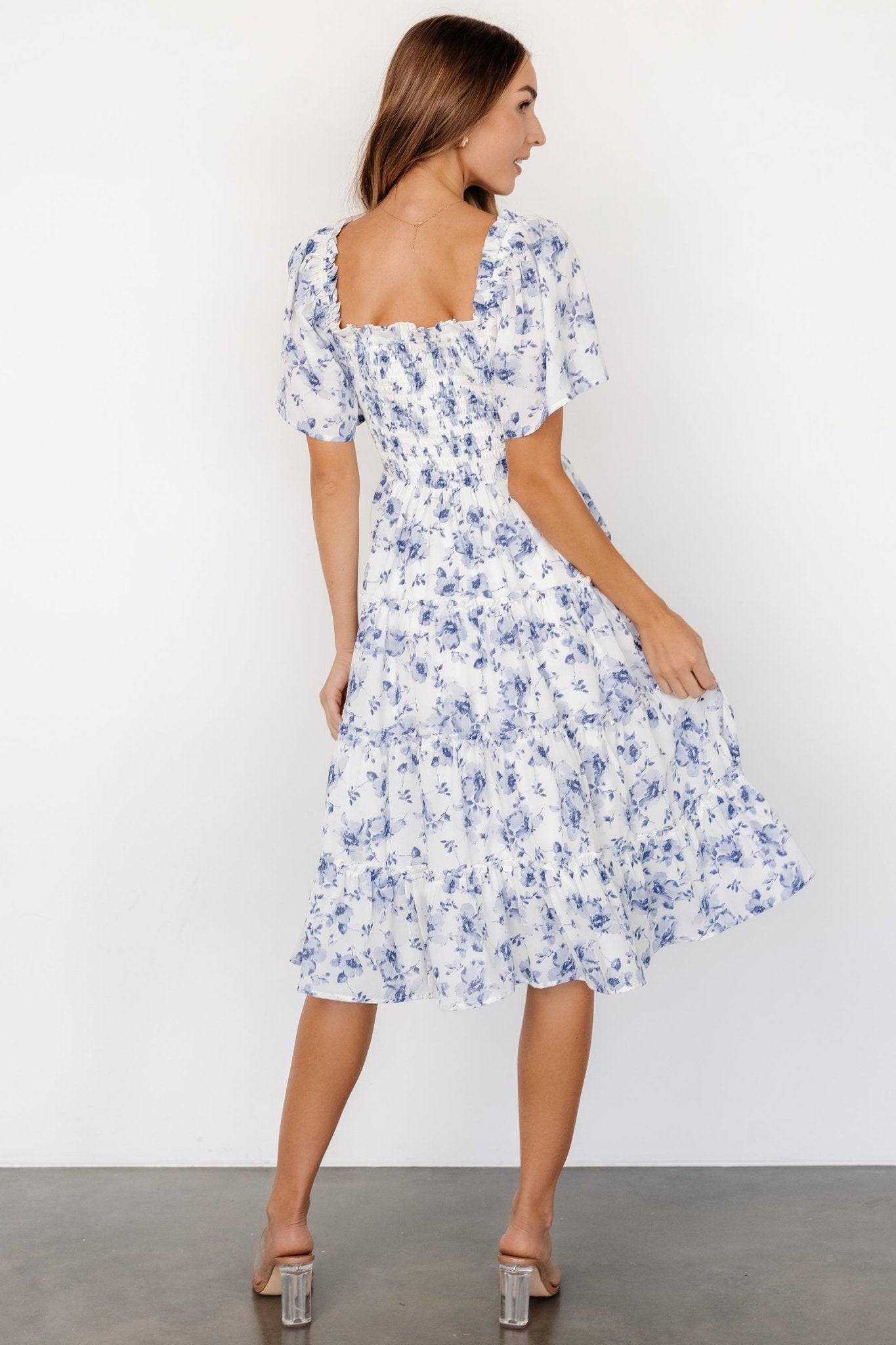 Lilla Tiered Midi Dress | Off - White + Blue Floral - Baltic Born