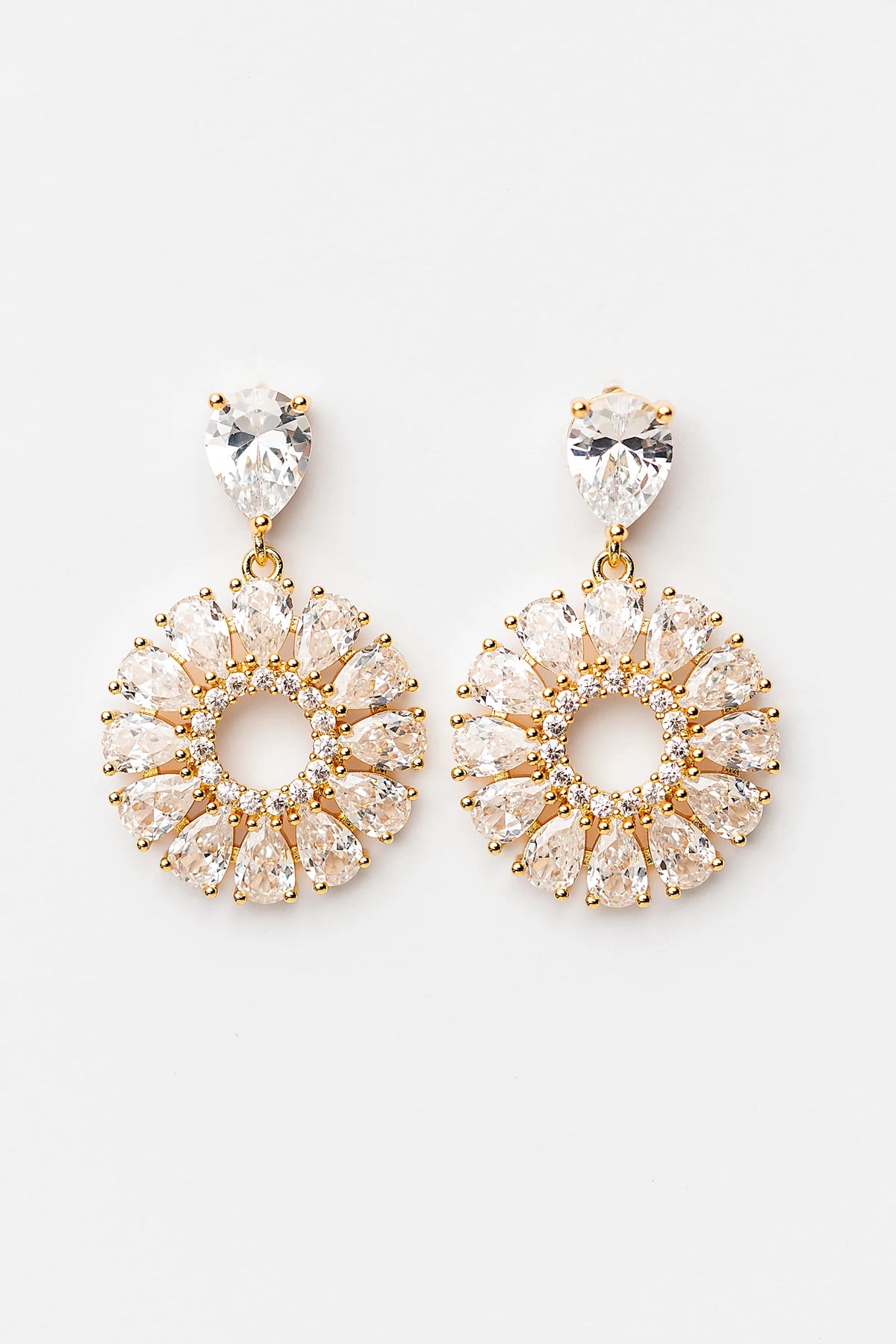 Lisandra Cluster Drop Earrings in Gold with teardrop studs, clear faceted stones, and circular cluster drops.