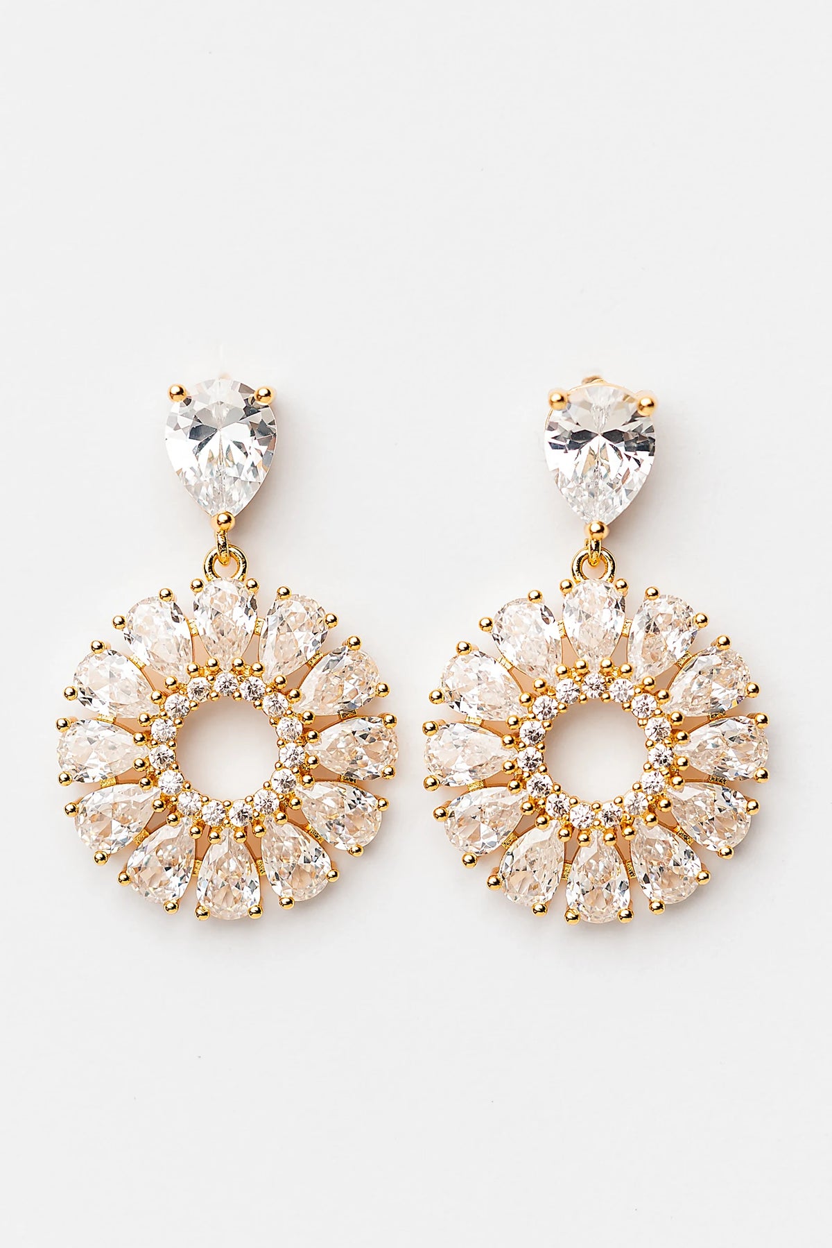 Lisandra Cluster Drop Earrings in Gold with teardrop studs, clear faceted stones, and circular cluster drops.