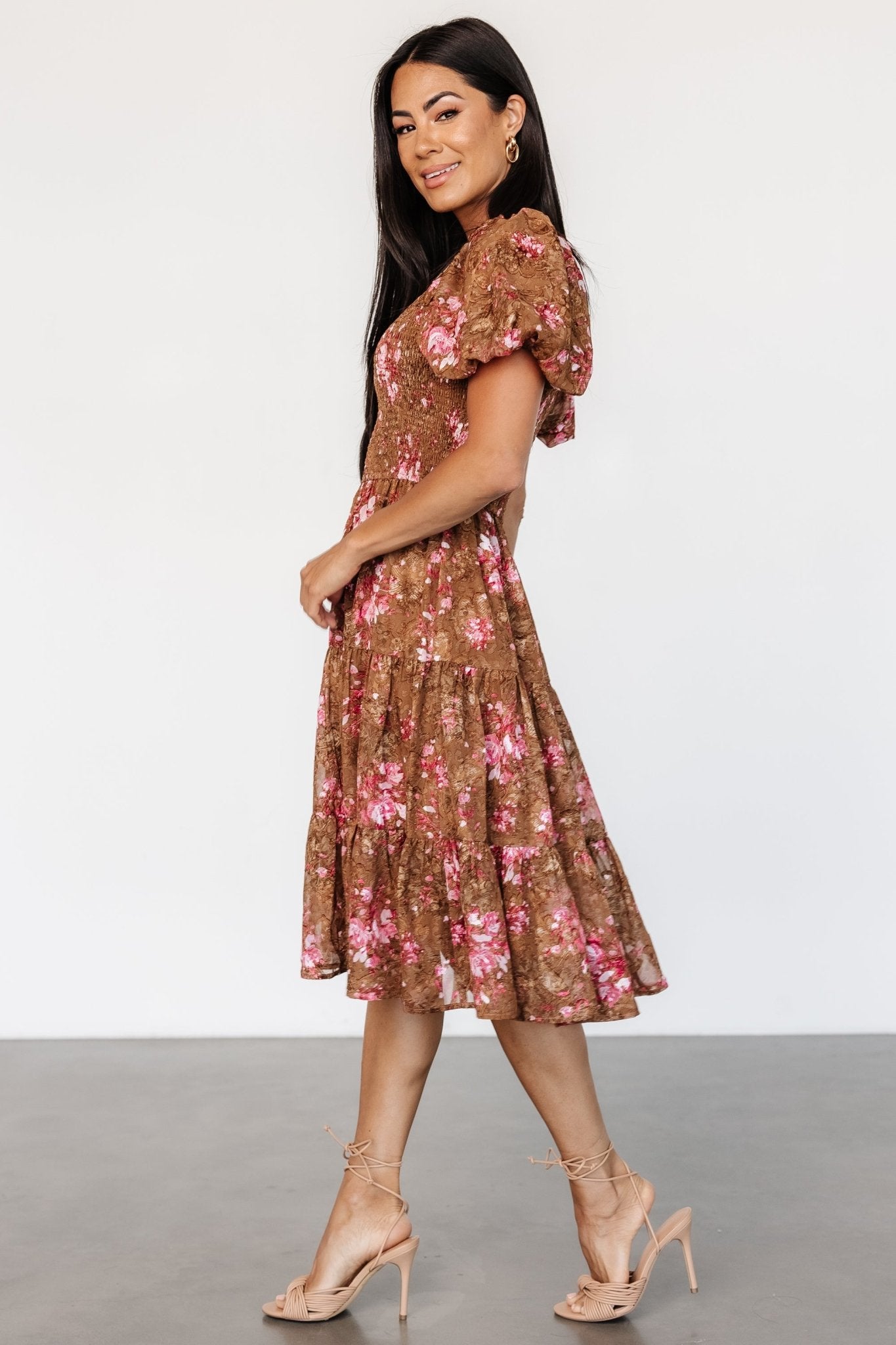 Lizzy Smocked Midi Dress Copper & Pink | Baltic Born S Lizzy Smocked Midi Dress Copper & Pink | Baltic Born S